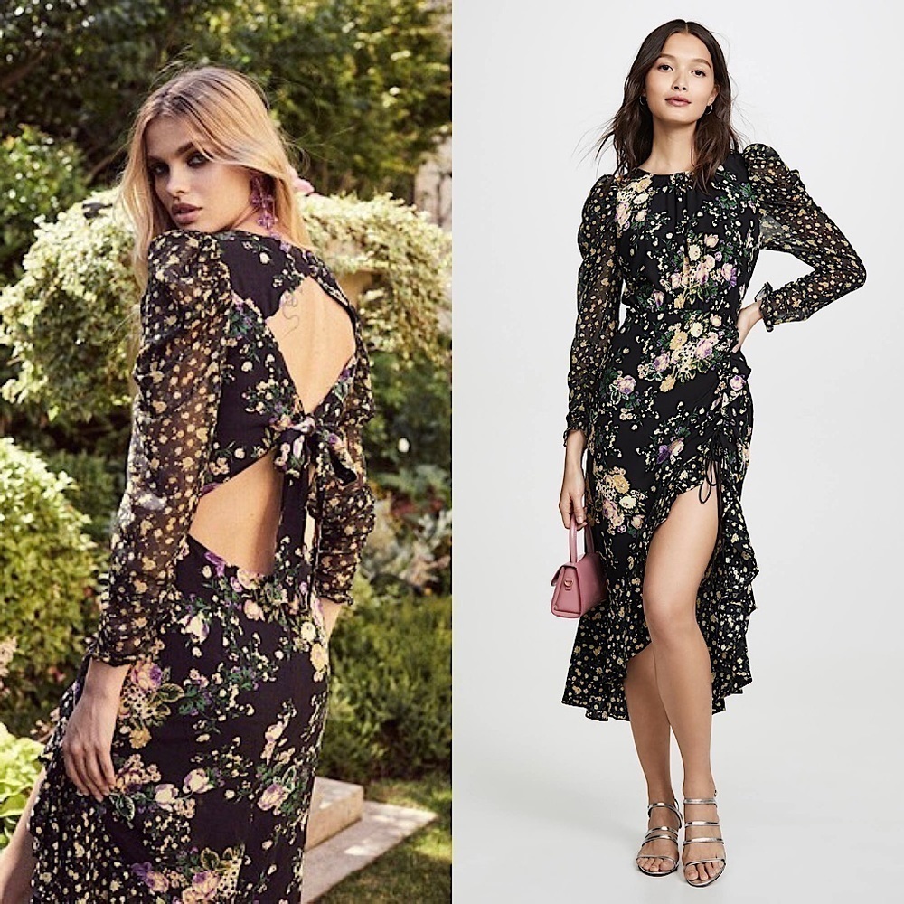 FOR LOVE & LEMONS Floral Long Sleeve Cutout Tie Back Ruched Ruffle Midi Dress XS